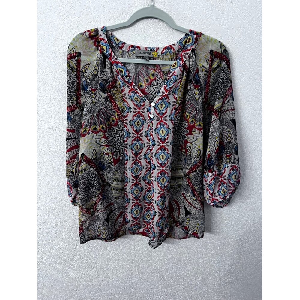 Figueroa & Flower feather print multicolor blouse women size PL